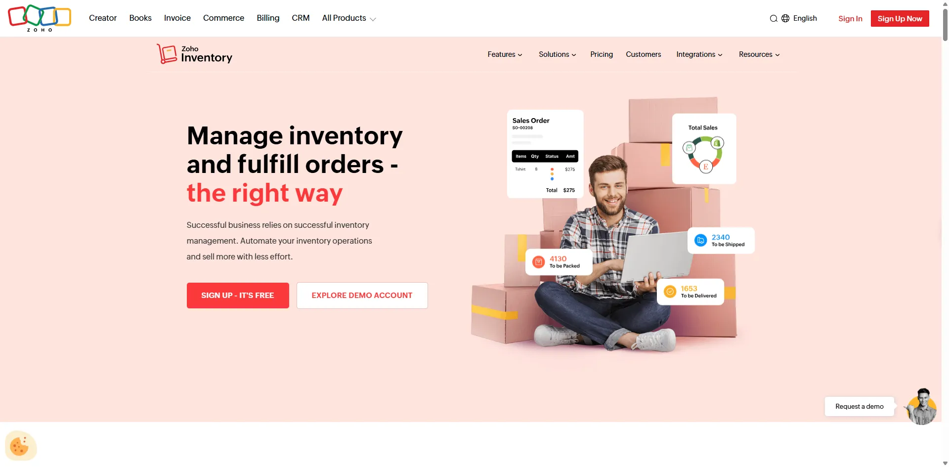 Zoho Inventory homepage with sales order, to-be-packed, shipped, and delivered counts