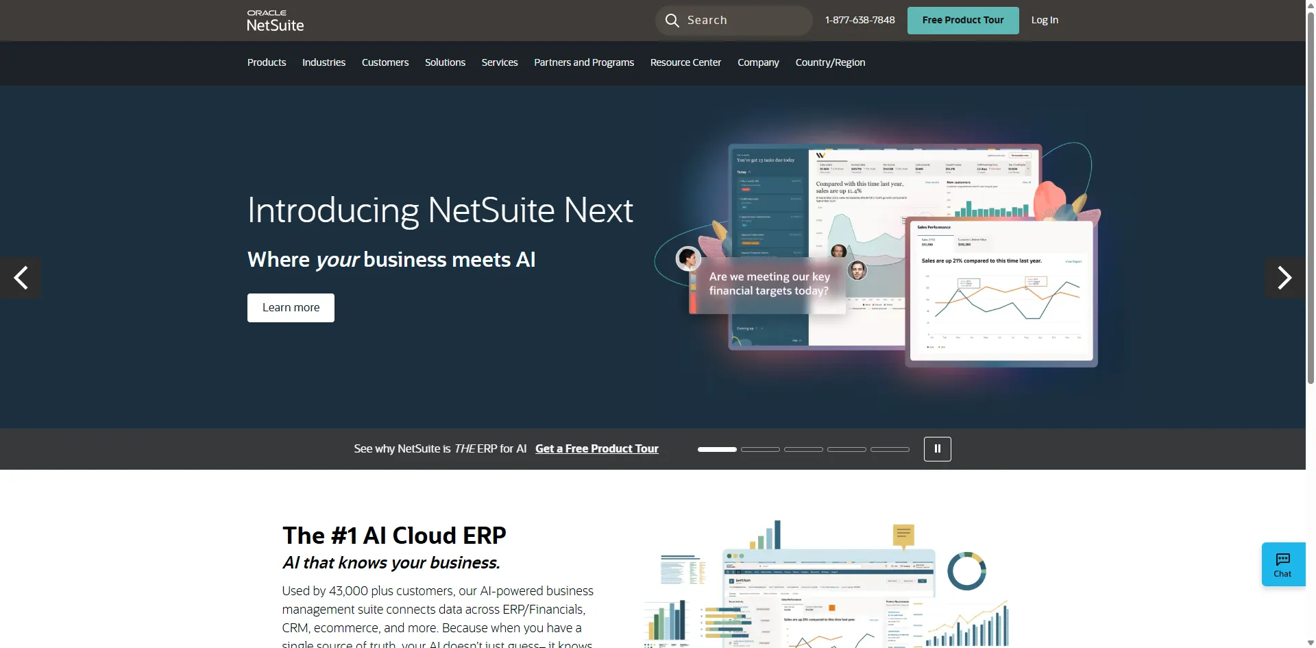 NetSuite homepage carousel with a NetSuite Next banner and sales performance dashboards