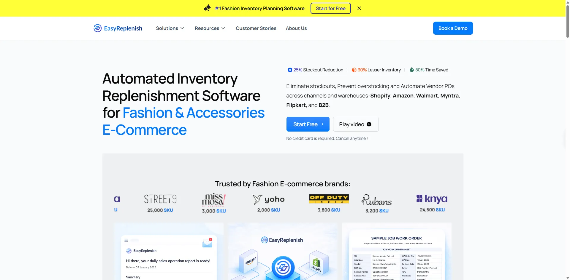 EasyReplenish homepage for fashion inventory replenishment with a row of fashion brand logos