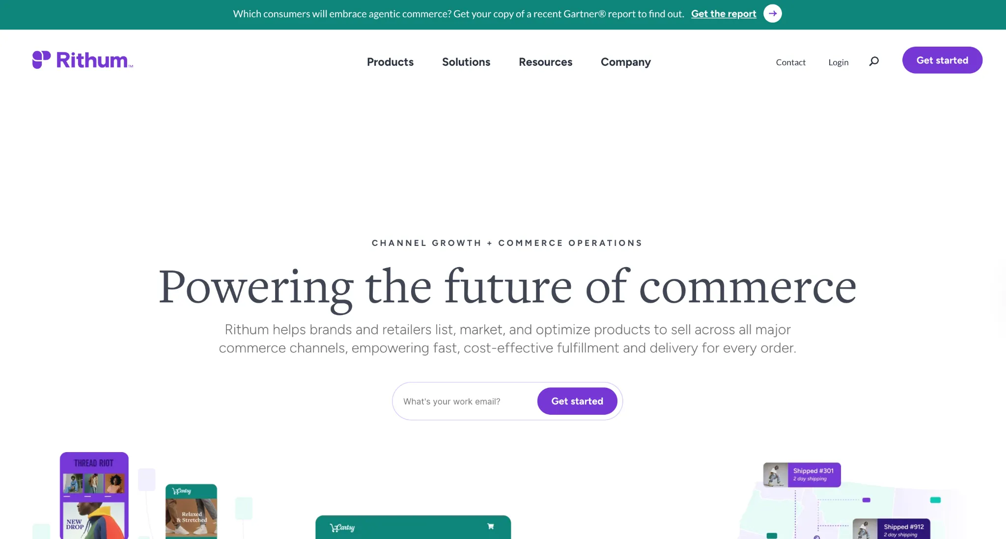 Rithum homepage with a work email signup field and storefront illustrations