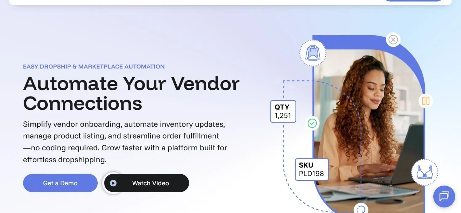 Flxpoint homepage hero with a woman at a laptop surrounded by SKU and quantity tags