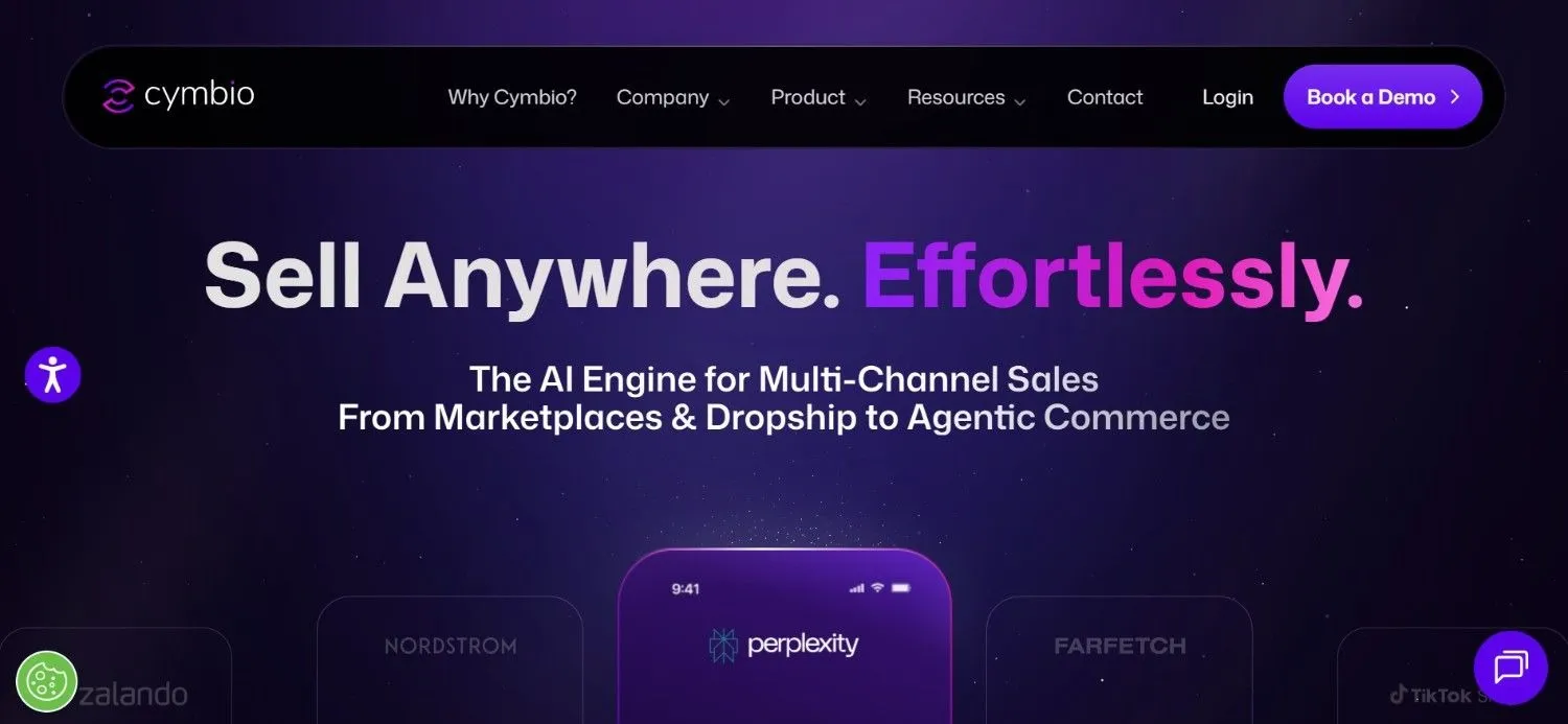 Cymbio homepage on a dark purple background with retailer logo cards and a phone mockup
