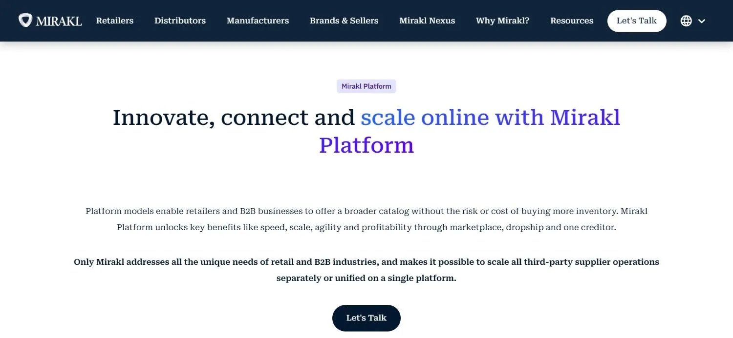Mirakl Platform page with a headline, intro text, and a Let's Talk button