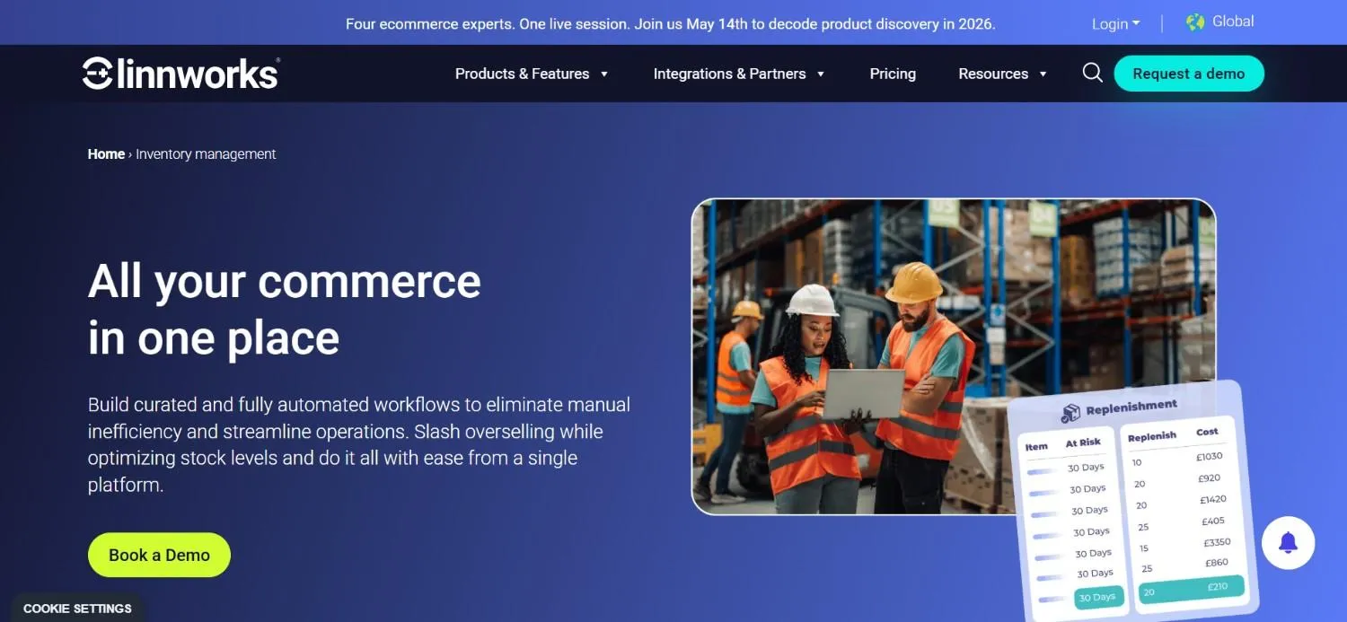 Linnworks inventory page with warehouse workers at a laptop and a replenishment table