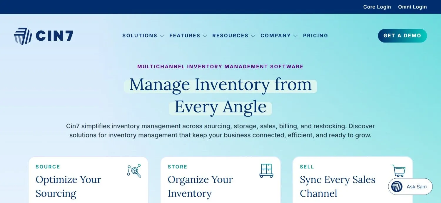 Cin7 inventory management page with Source, Store, and Sell feature cards