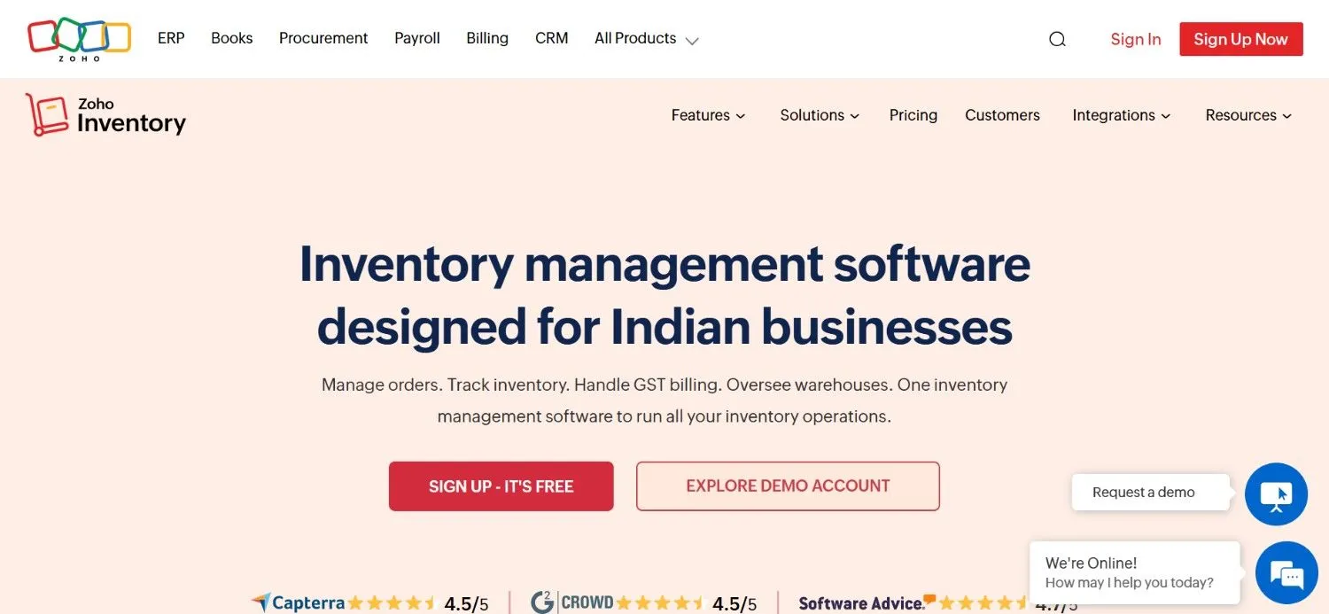 Zoho Inventory homepage with sign-up and demo account buttons