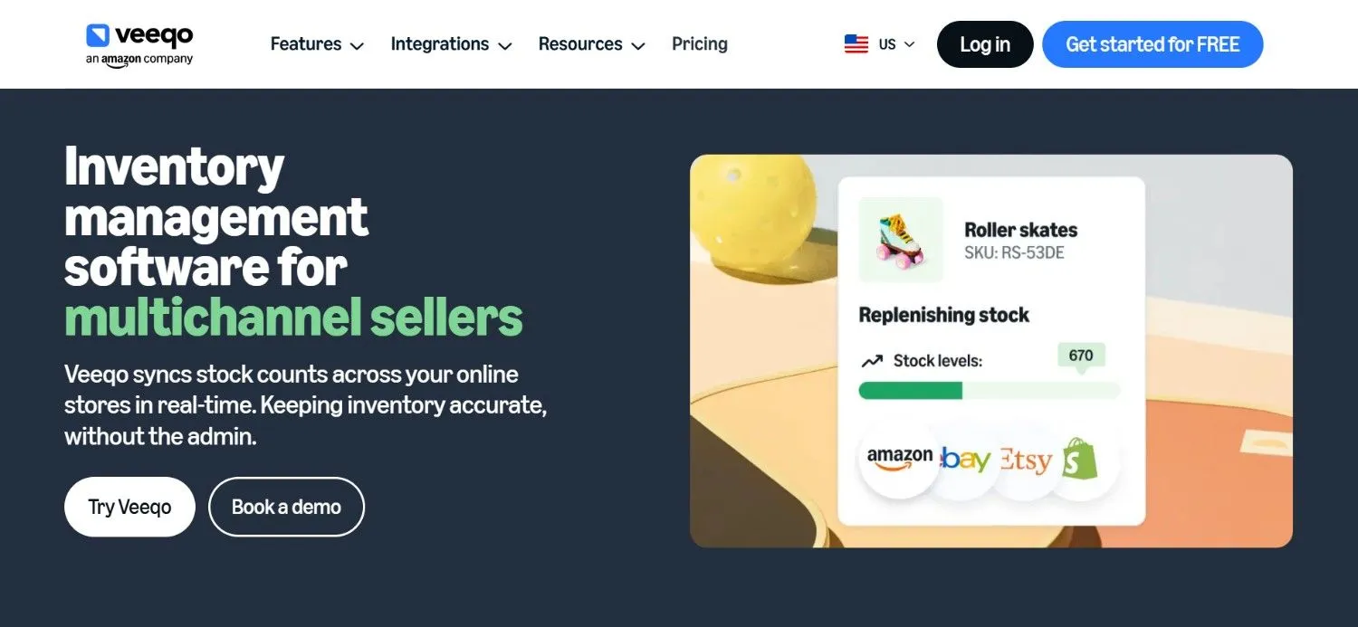 Veeqo inventory page with a roller skates stock card and marketplace logos