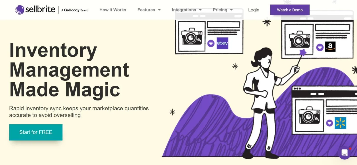 Sellbrite inventory page with an illustration of listings on eBay, Amazon, and Walmart