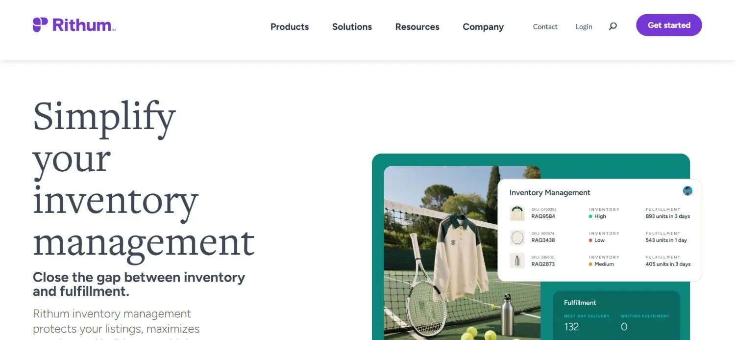 Rithum inventory page with a tennis product photo and a SKU inventory table