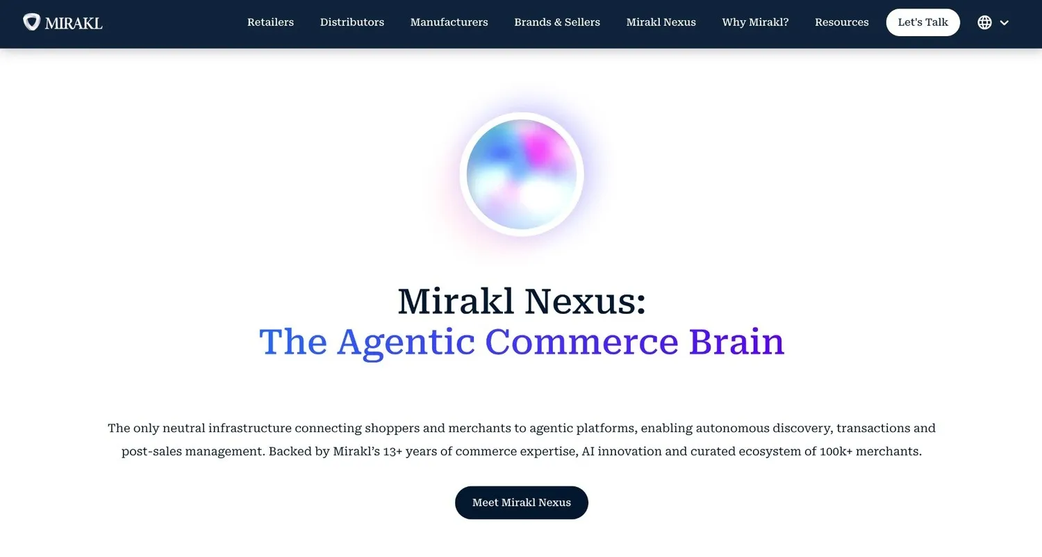 Mirakl Nexus page with a glowing gradient orb above the headline
