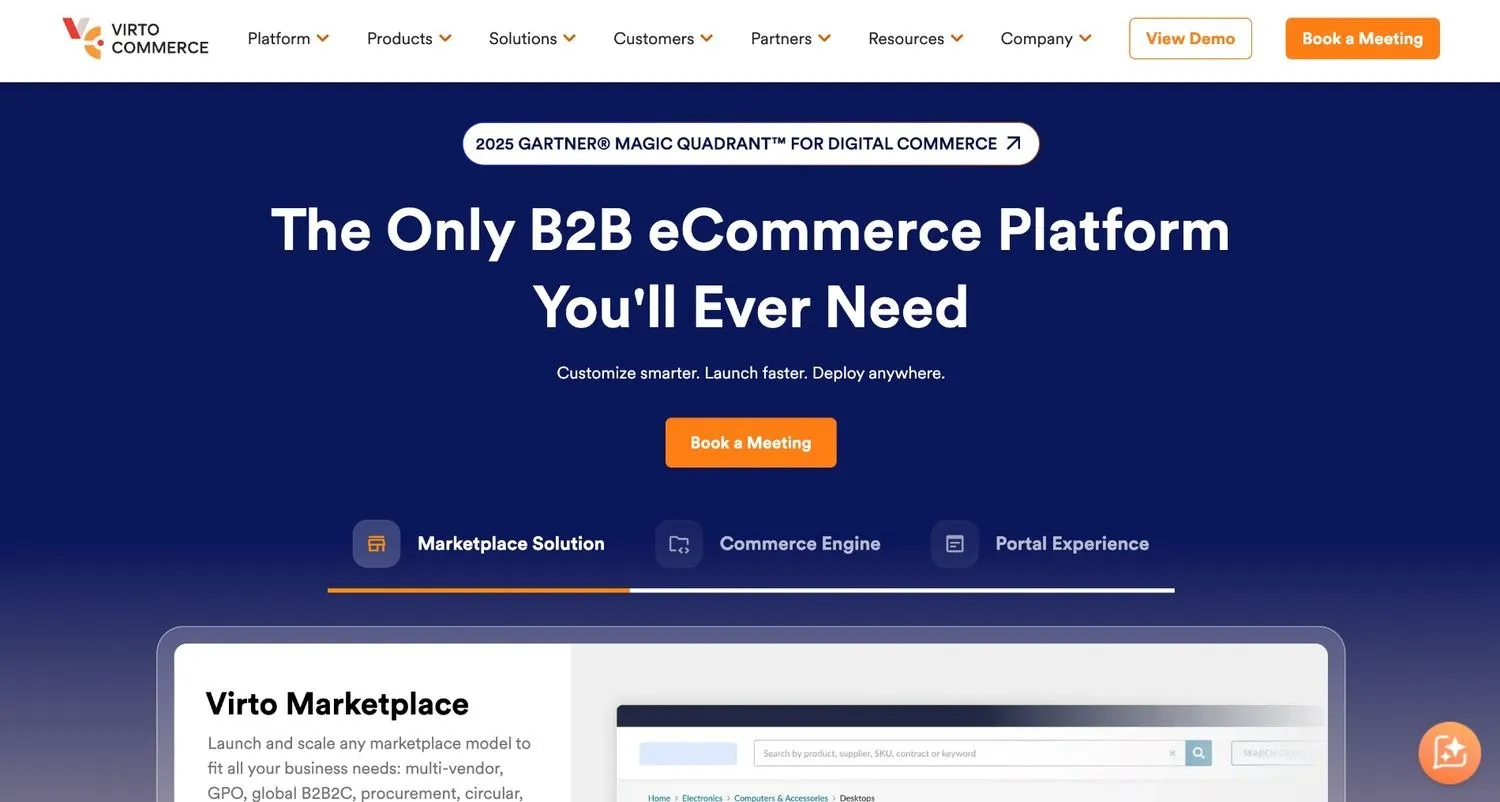 Virto Commerce homepage with Marketplace Solution, Commerce Engine, and Portal Experience tabs