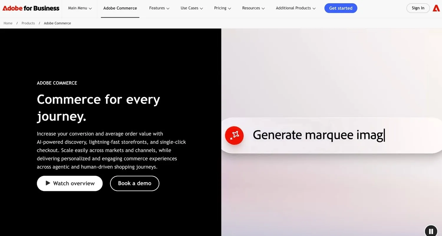 Adobe Commerce product page with an AI prompt bar that reads Generate marquee image