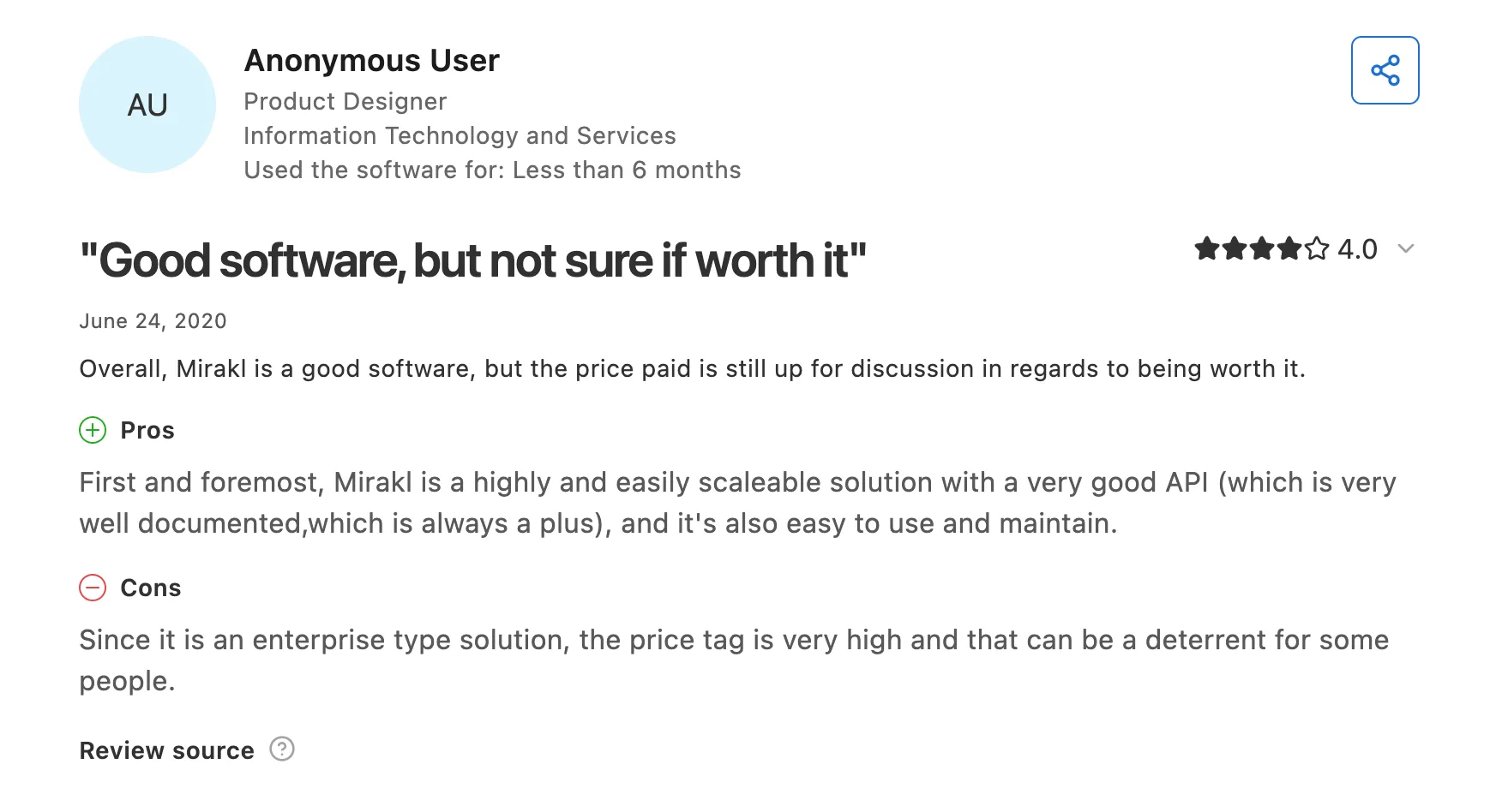 Mirakl user review from a product designer praising the API but calling the price tag very high