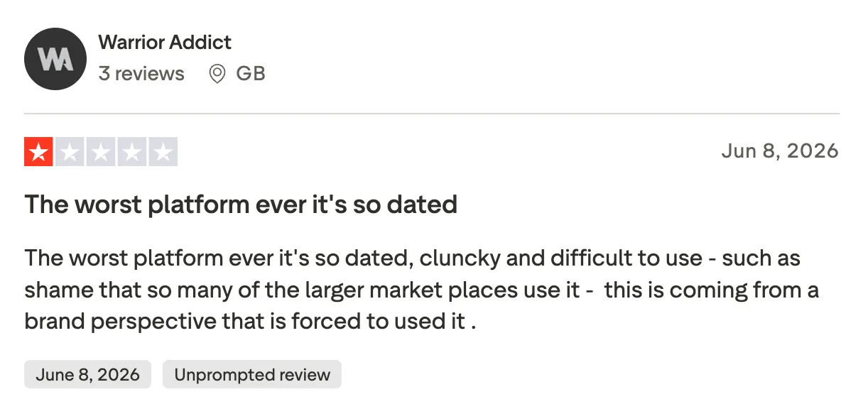 Mirakl user review from a brand calling the platform dated, clunky, and difficult to use