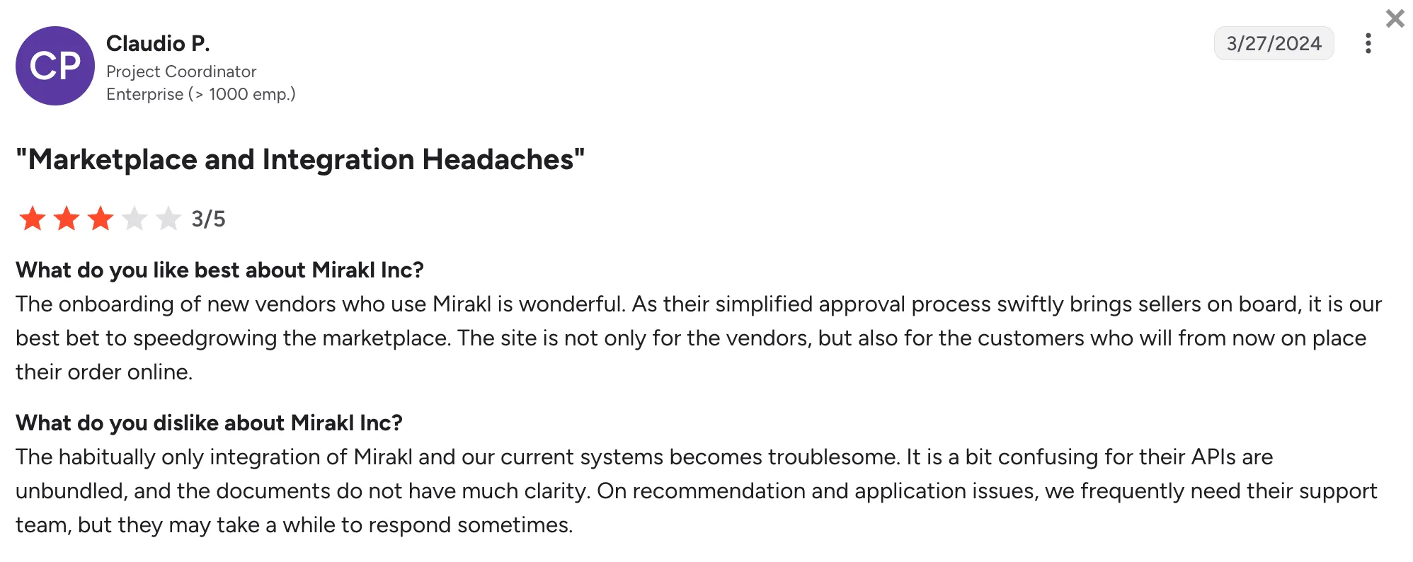 Mirakl user review from a project coordinator citing unclear API documents and slow support replies