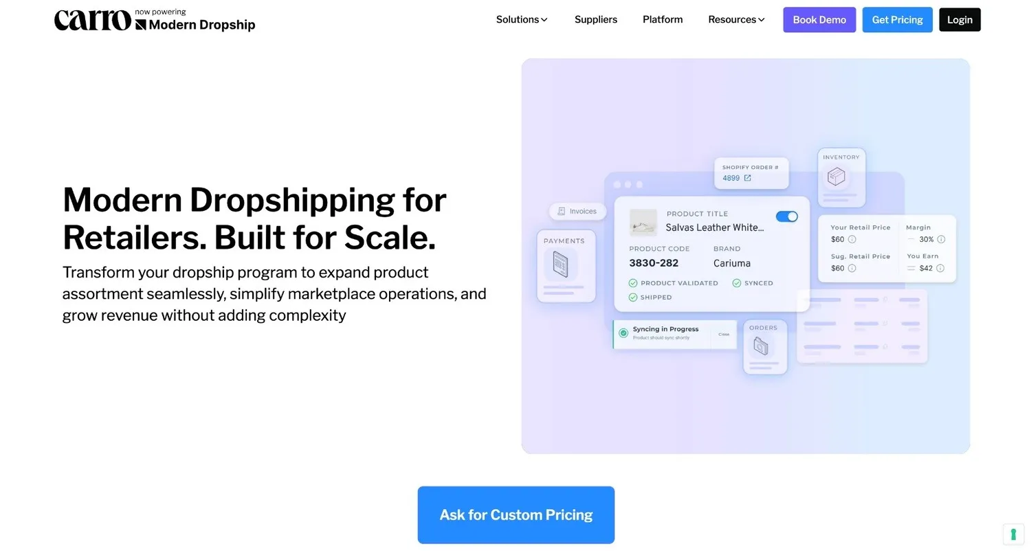 Carro homepage with a dashboard mockup of a synced product, its retail price, and margin