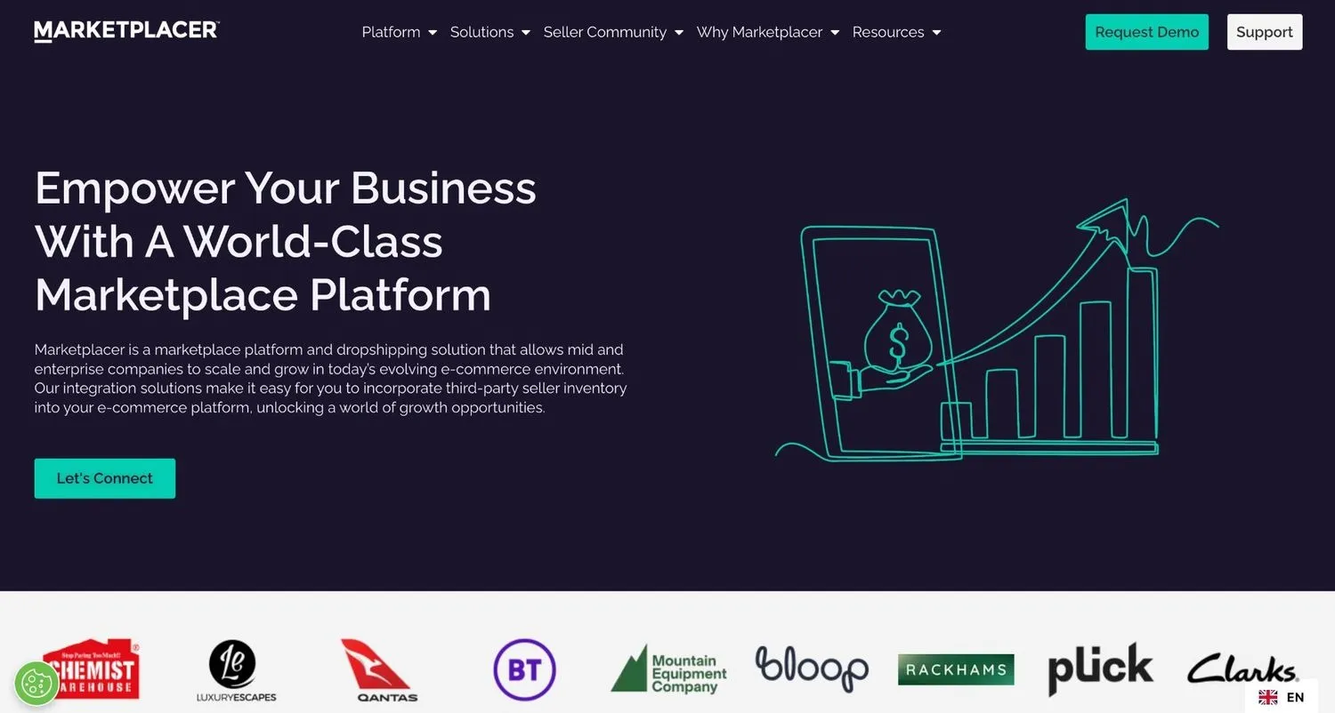 Marketplacer homepage with a line drawing of a growth chart and a row of customer logos