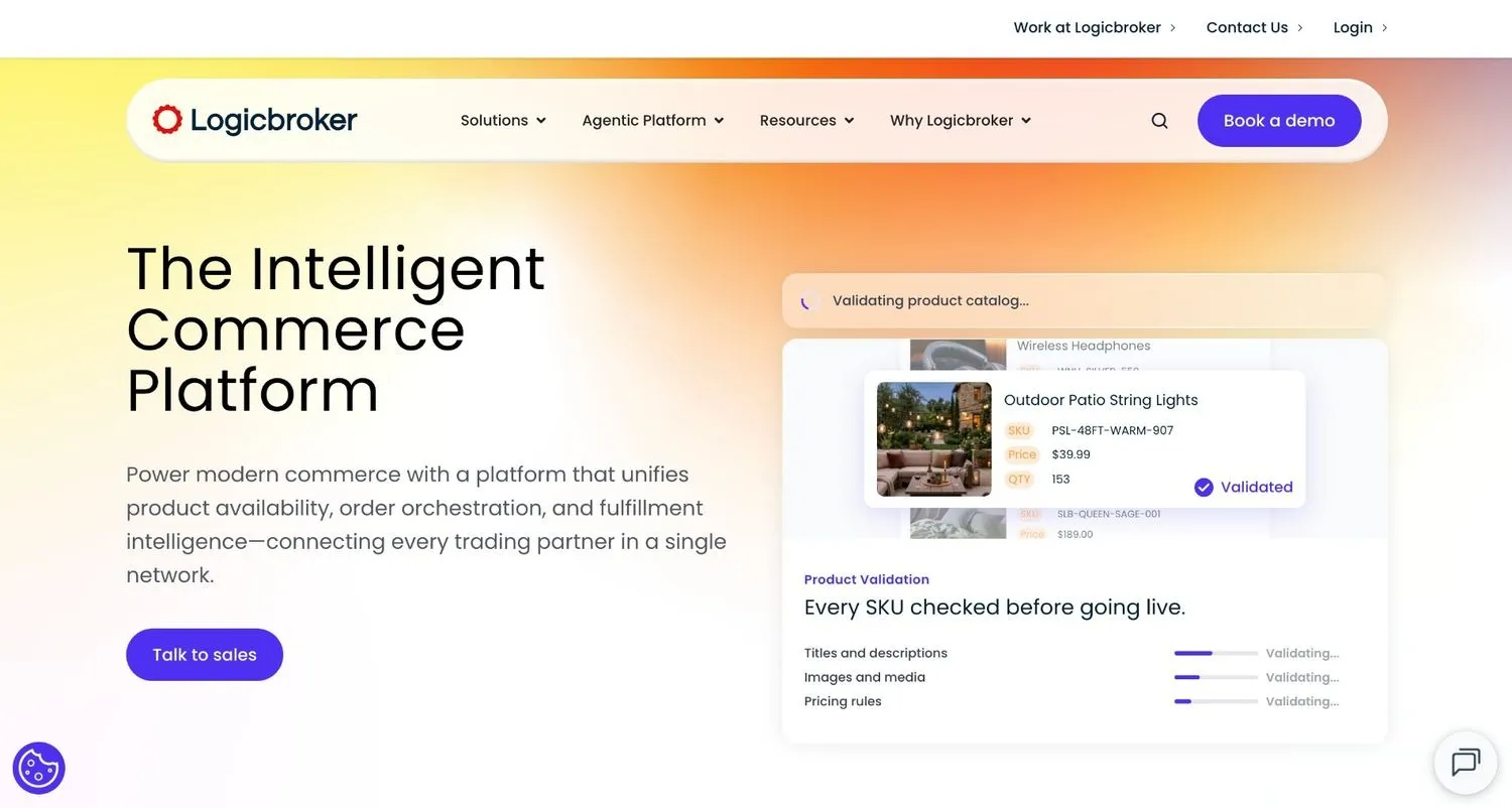 Logicbroker homepage with a product validation card for outdoor patio string lights