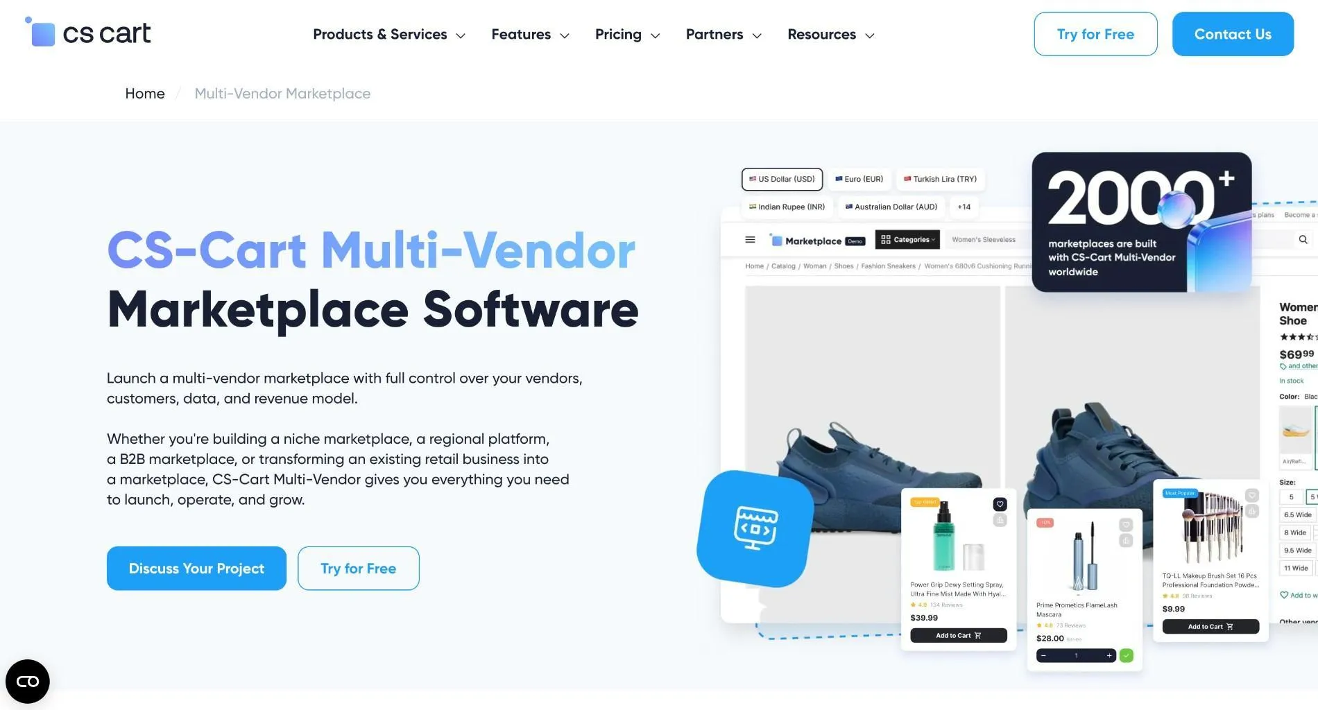 CS-Cart Multi-Vendor page with the headline 'CS-Cart Multi-Vendor Marketplace Software', a demo storefront showing sneakers, and a '2000+ marketplaces' badge
