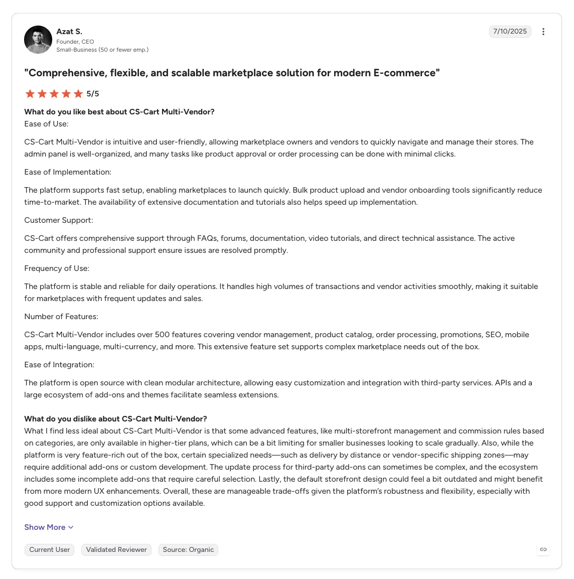Five-star customer review of CS-Cart Multi-Vendor by Azat S., Founder and CEO, titled 'Comprehensive, flexible, and scalable marketplace solution for modern E-commerce'