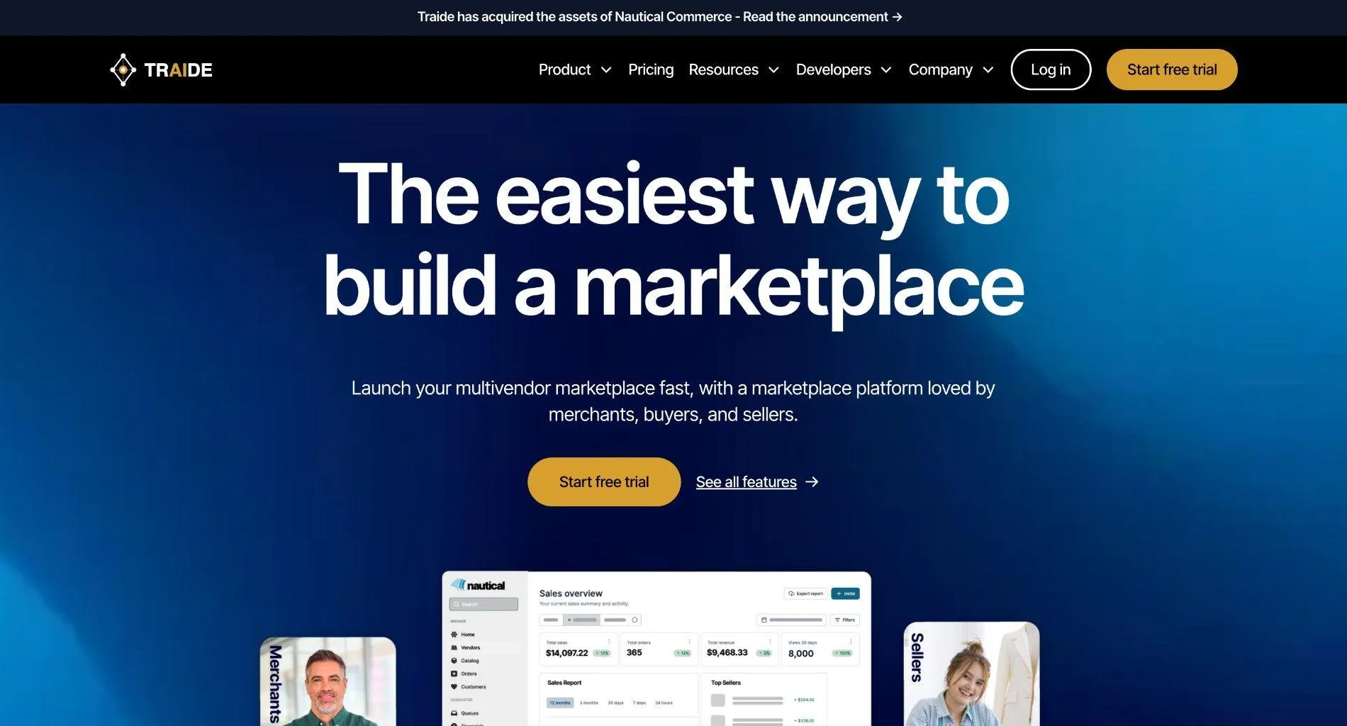 Traide homepage, with a banner saying Traide has acquired the assets of Nautical Commerce, the headline 'The easiest way to build a marketplace', and a Nautical sales dashboard