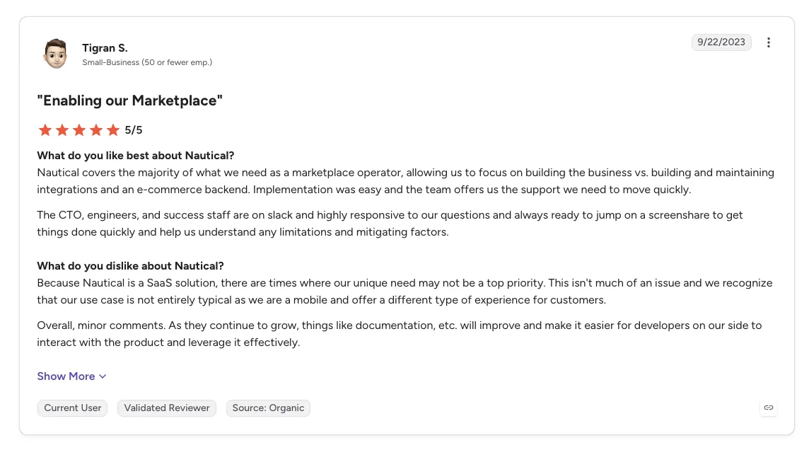 Five-star customer review of Nautical by Tigran S. titled 'Enabling our Marketplace', praising easy implementation and a responsive support team