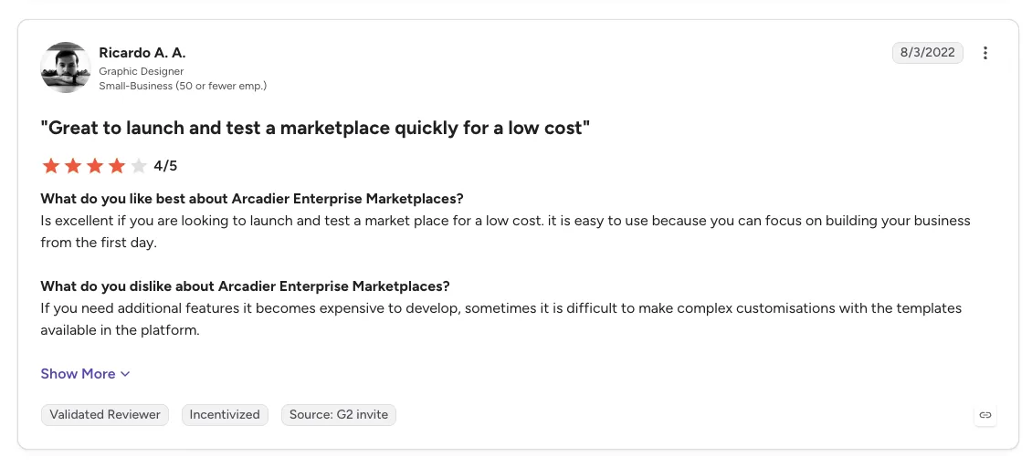 Four-star G2 review of Arcadier Enterprise Marketplaces by Ricardo A. A., Graphic Designer, titled 'Great to launch and test a marketplace quickly for a low cost'