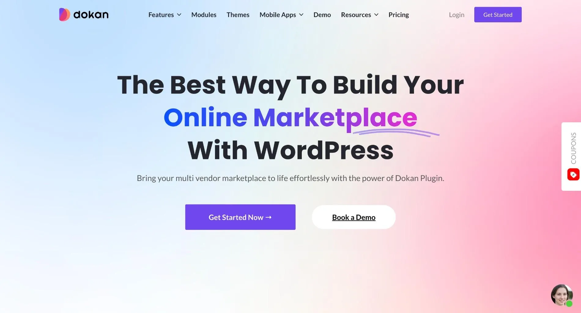 Dokan homepage with the headline 'The Best Way To Build Your Online Marketplace With WordPress' and Get Started Now and Book a Demo buttons