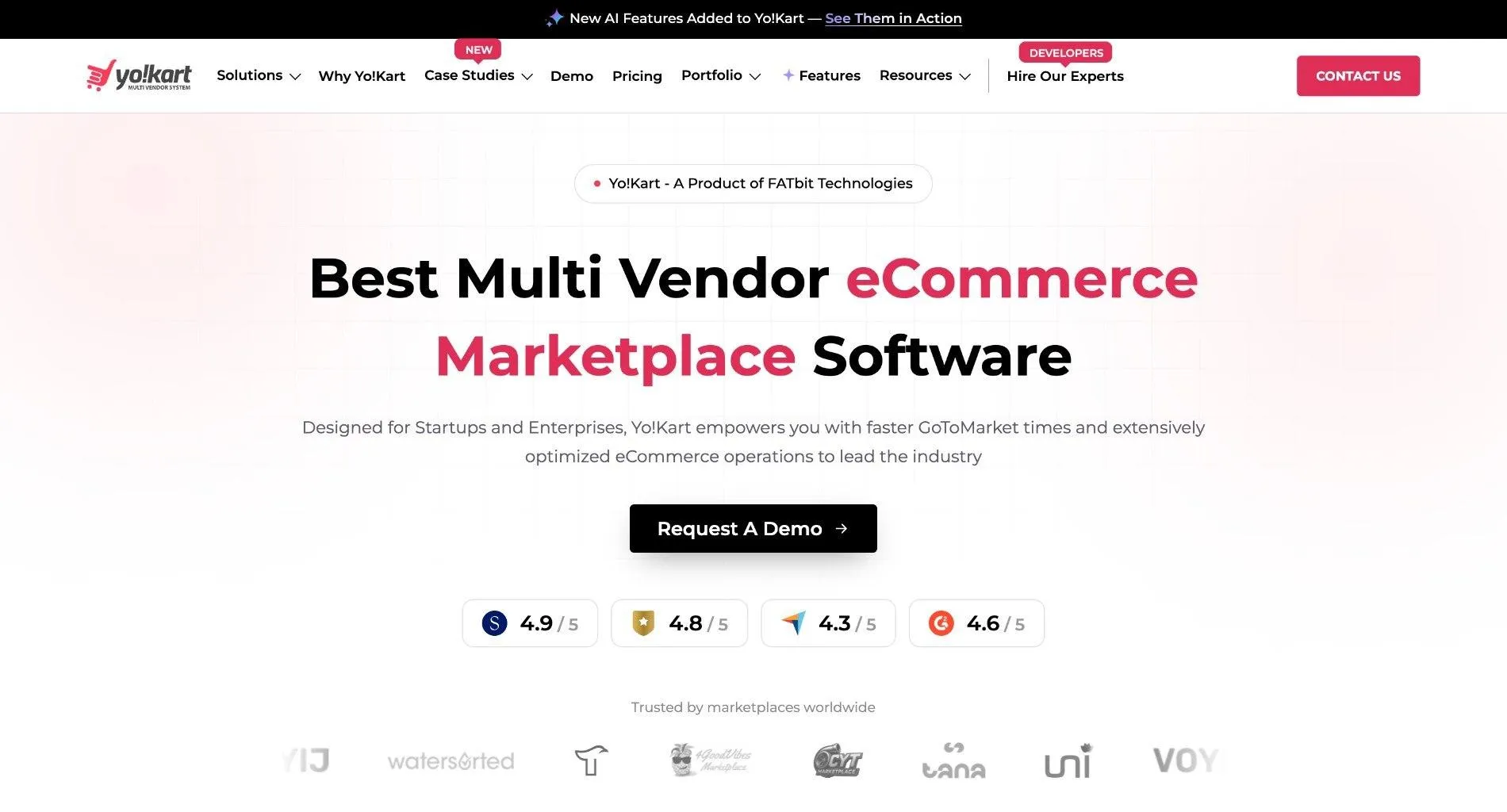 Yo!Kart homepage with the headline 'Best Multi Vendor eCommerce Marketplace Software', a Request A Demo button, four review-site ratings, and customer logos