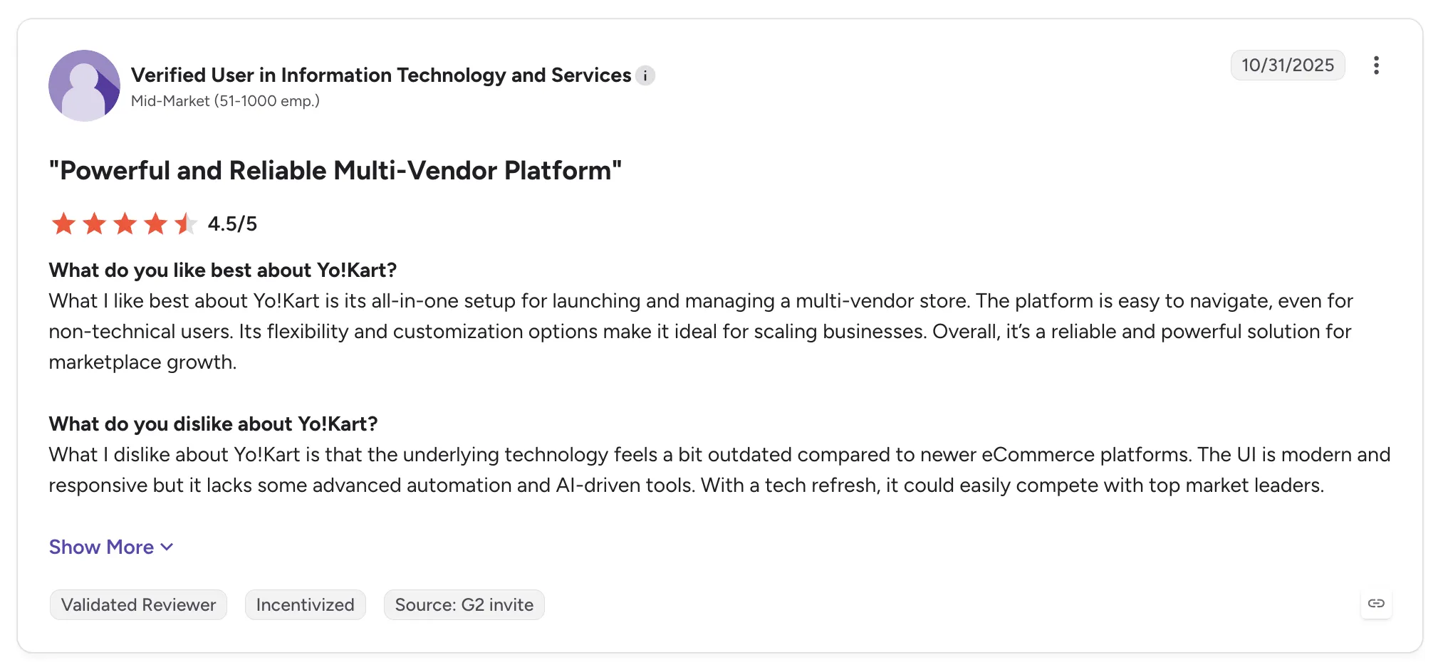 4.5 out of 5 G2 review of Yo!Kart by a verified IT and services user titled 'Powerful and Reliable Multi-Vendor Platform'