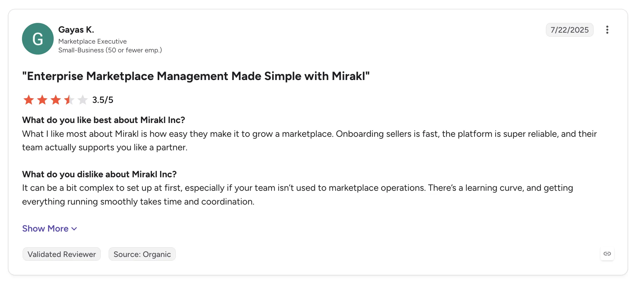 3.5 out of 5 customer review of Mirakl by Gayas K. titled 'Enterprise Marketplace Management Made Simple with Mirakl', praising fast seller onboarding