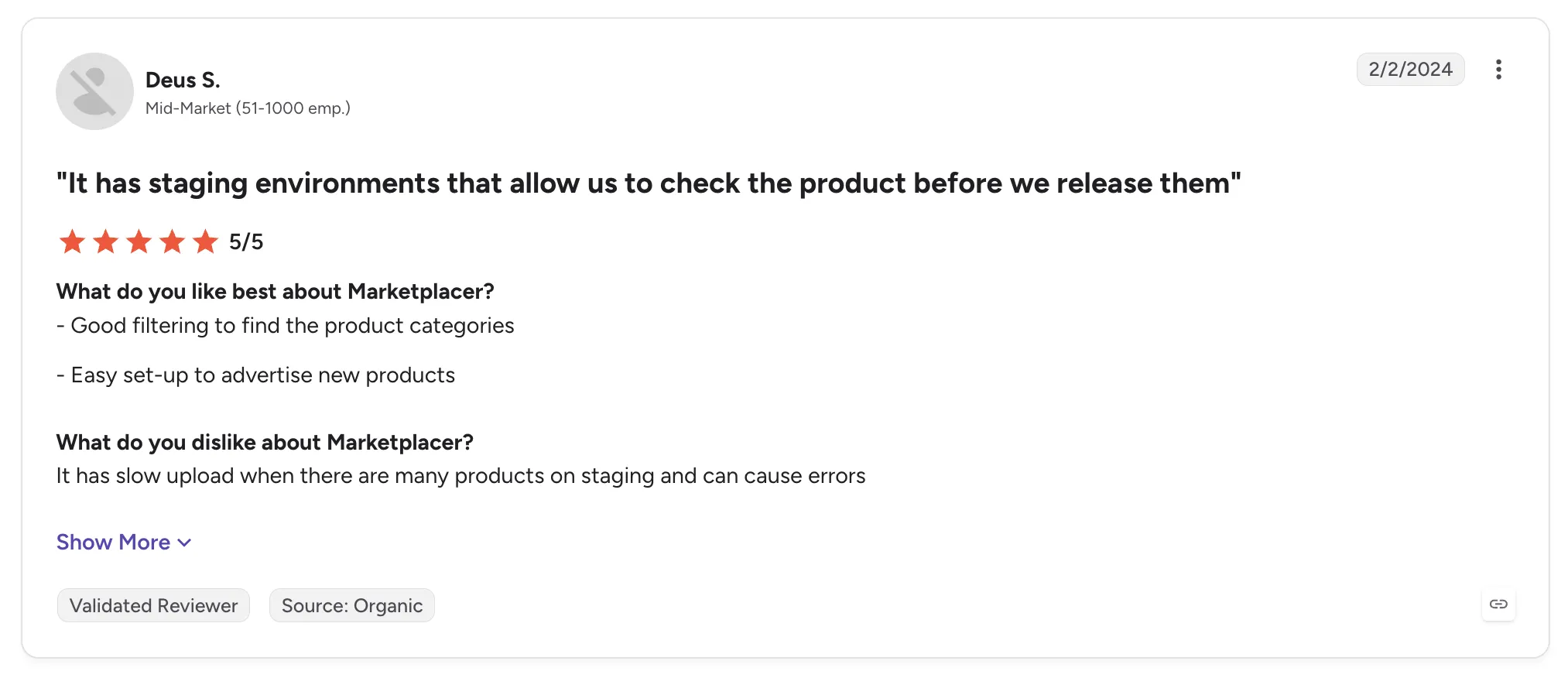 Five-star customer review of Marketplacer by Deus S. titled 'It has staging environments that allow us to check the product before we release them'