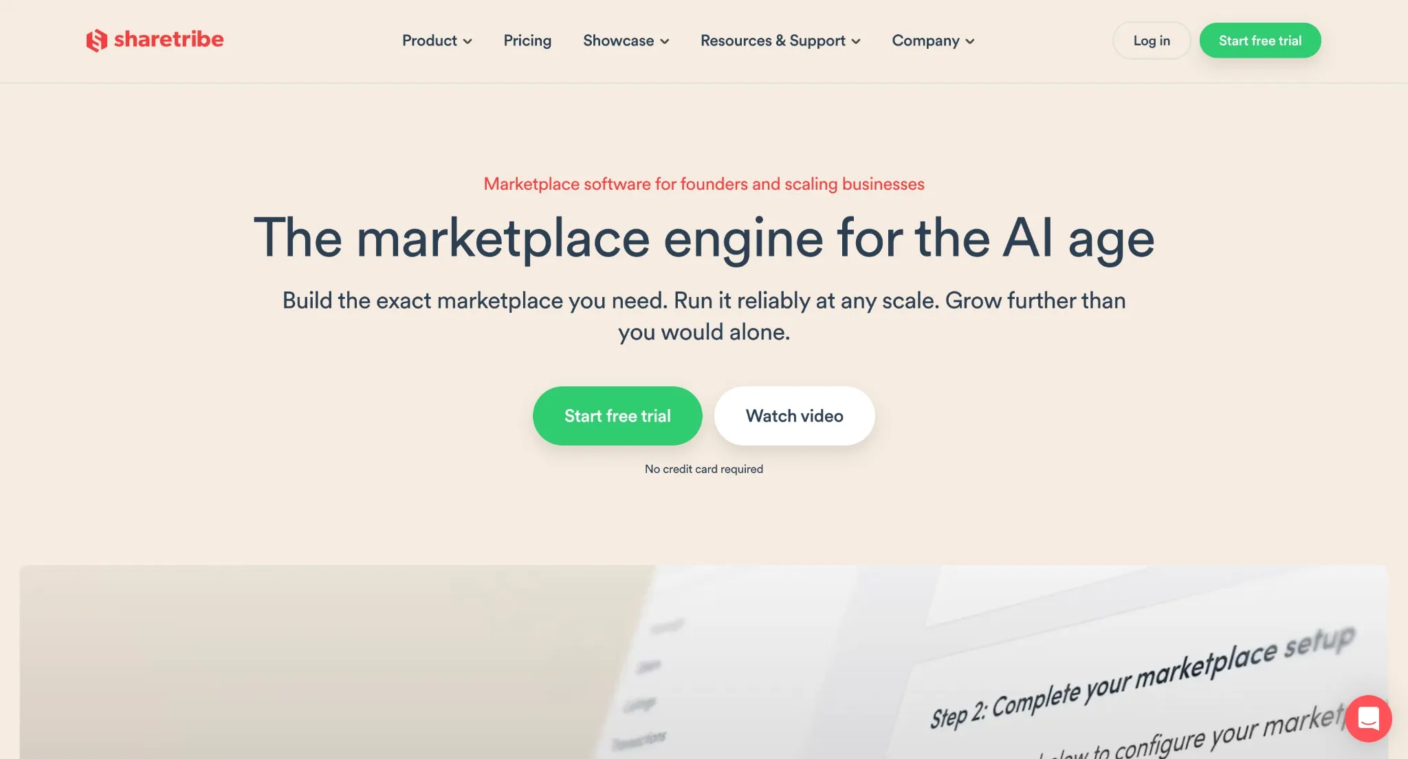 Sharetribe homepage with the headline 'The marketplace engine for the AI age' and Start free trial and Watch video buttons