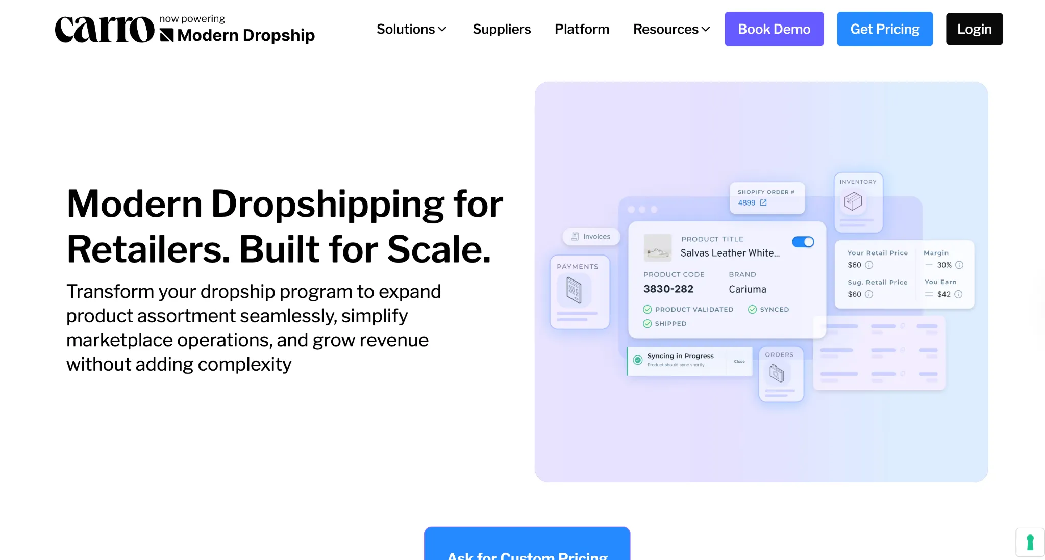 Carro homepage with a product card for a Cariuma sneaker marked validated, synced, and shipped