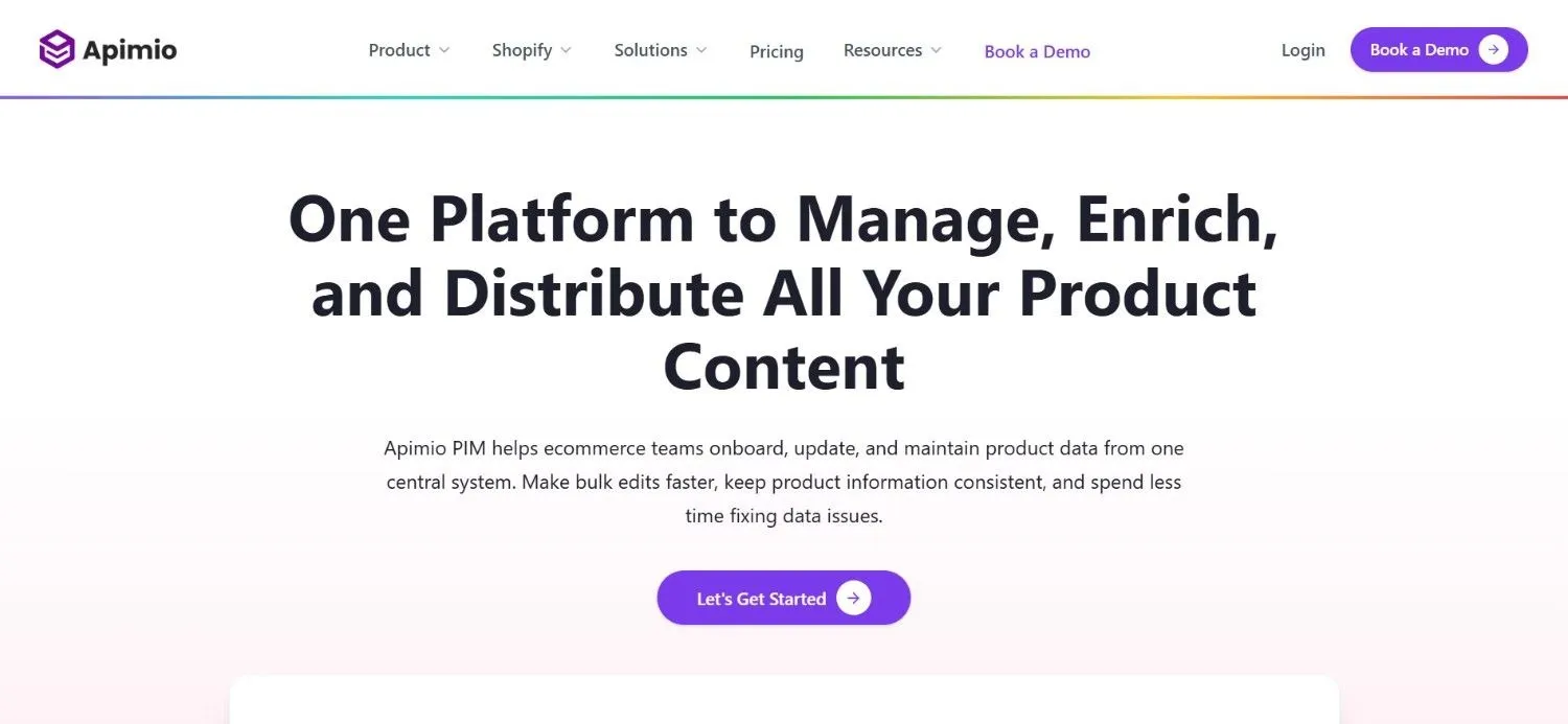 Apimio homepage headline about one platform to manage, enrich, and distribute product content