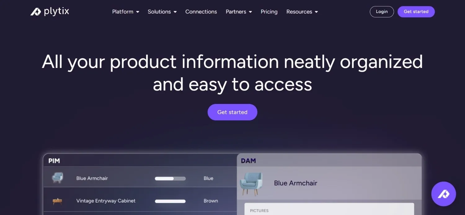 Plytix homepage with a PIM product list beside a DAM asset view