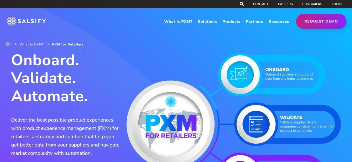 Salsify PXM for retailers page with onboard and validate steps