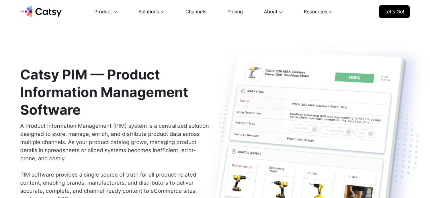 Catsy PIM page with a product record for a cordless power drill and its images