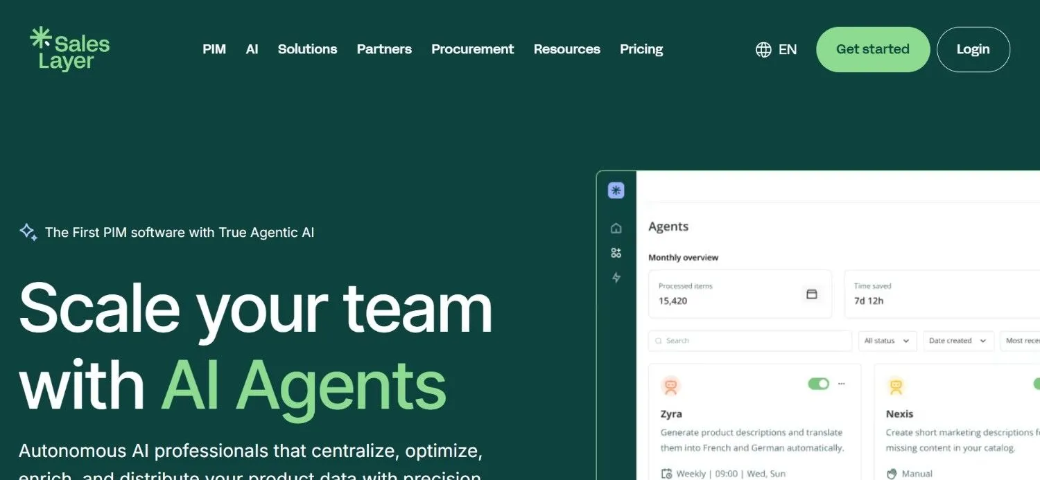 Sales Layer homepage with an Agents dashboard listing automated content tasks