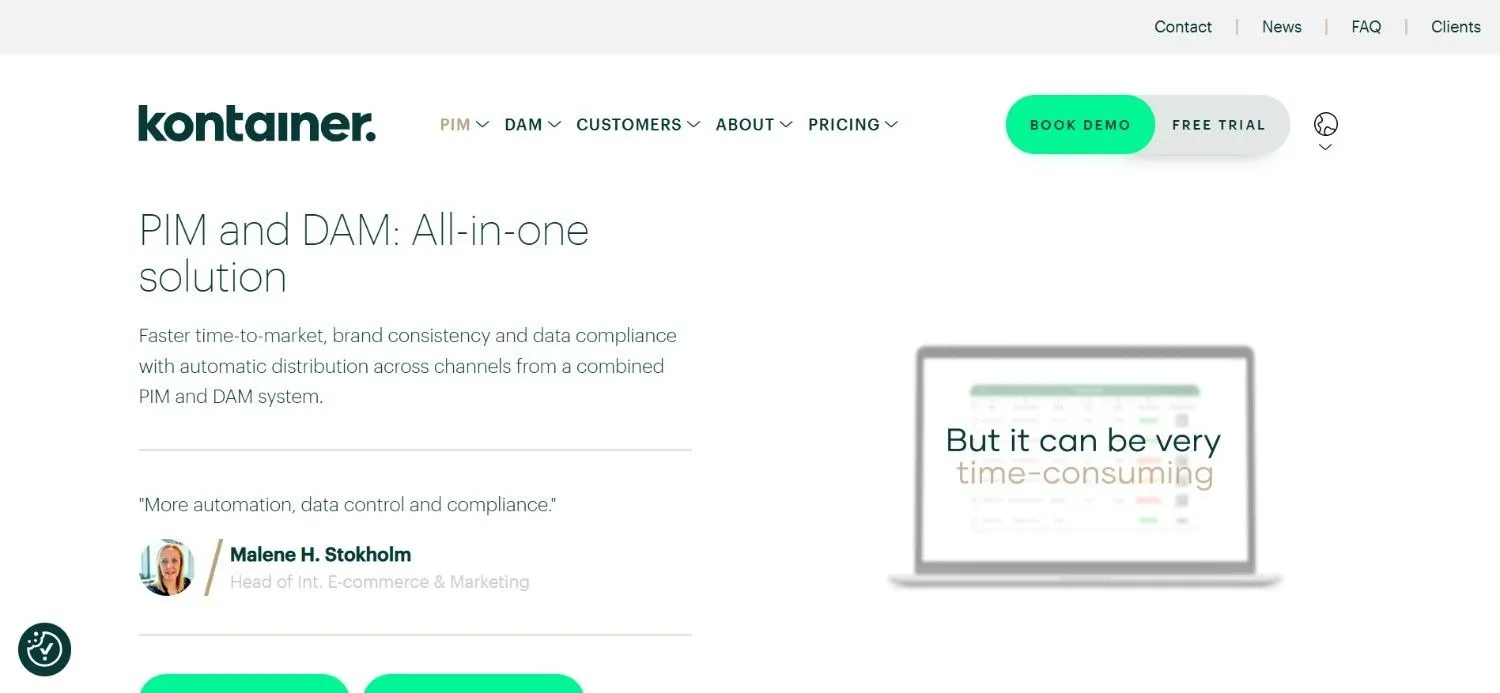 Kontainer PIM and DAM page with a customer quote and a laptop graphic