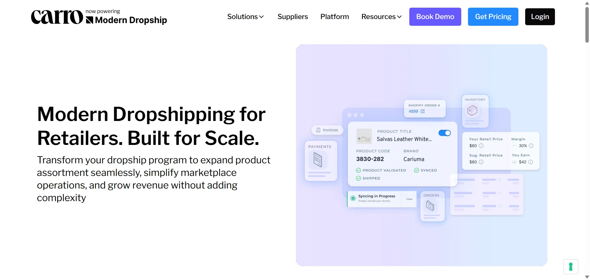 Carro homepage with a product card for a Cariuma sneaker marked validated, synced, and shipped