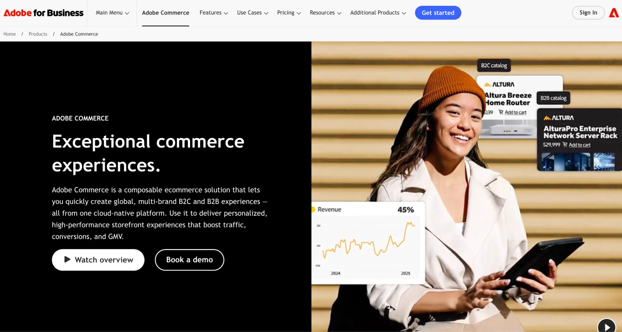 Adobe Commerce page with a woman holding a tablet beside product cards and a revenue chart