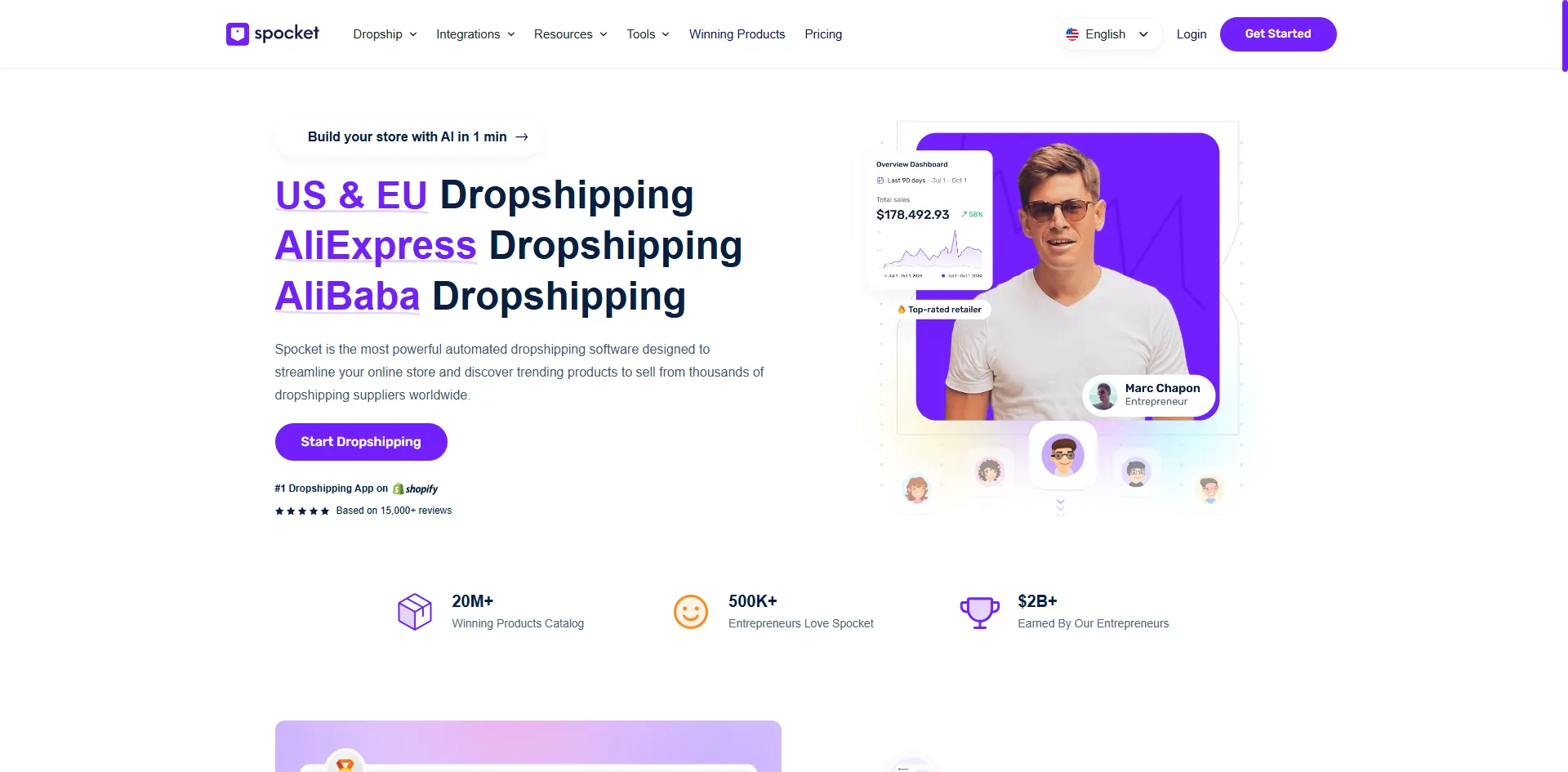 Spocket homepage with a dropshipping headline and a sales dashboard beside an entrepreneur photo