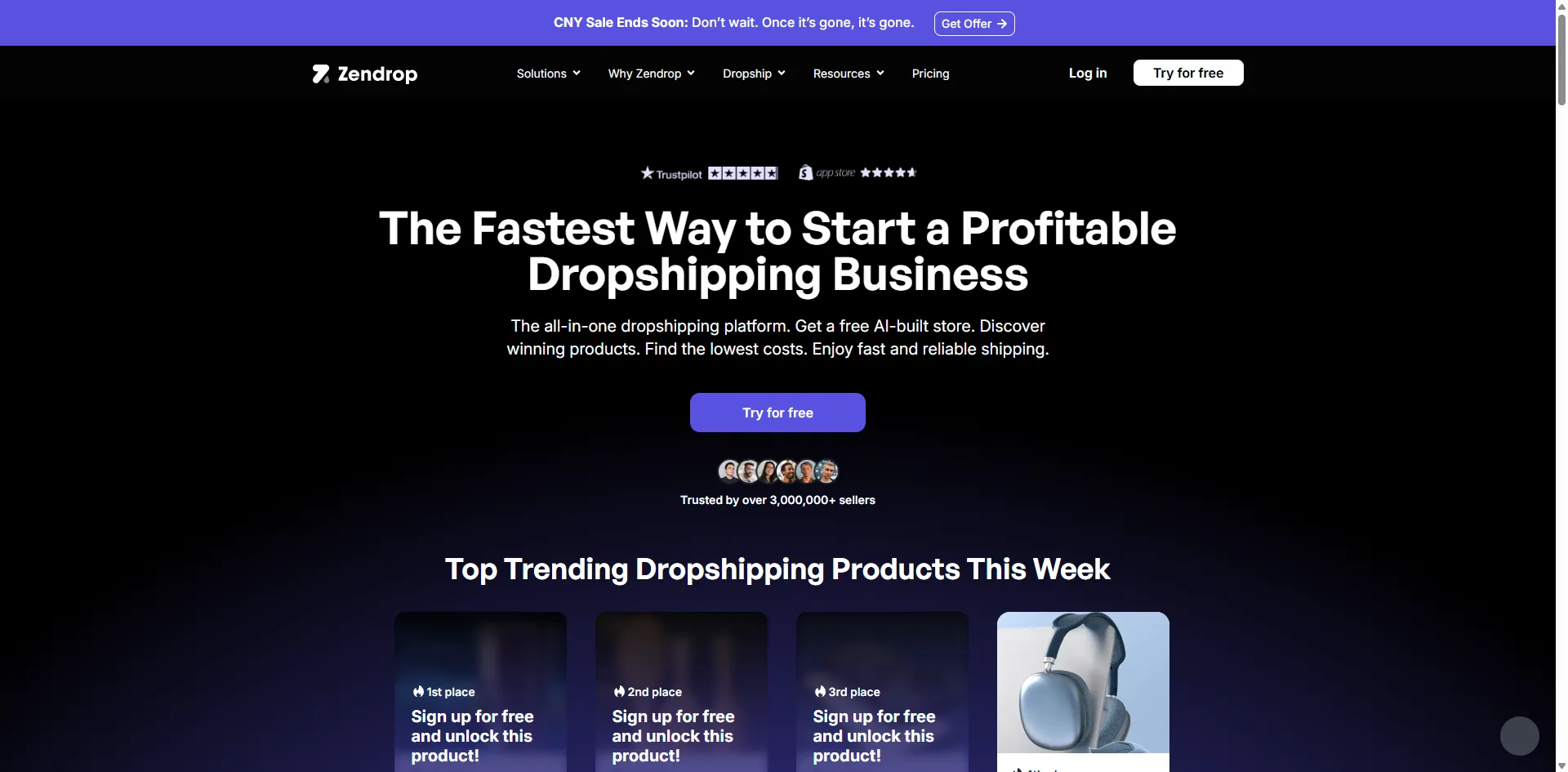 Zendrop homepage on a dark background with a Try for free button and trending product cards