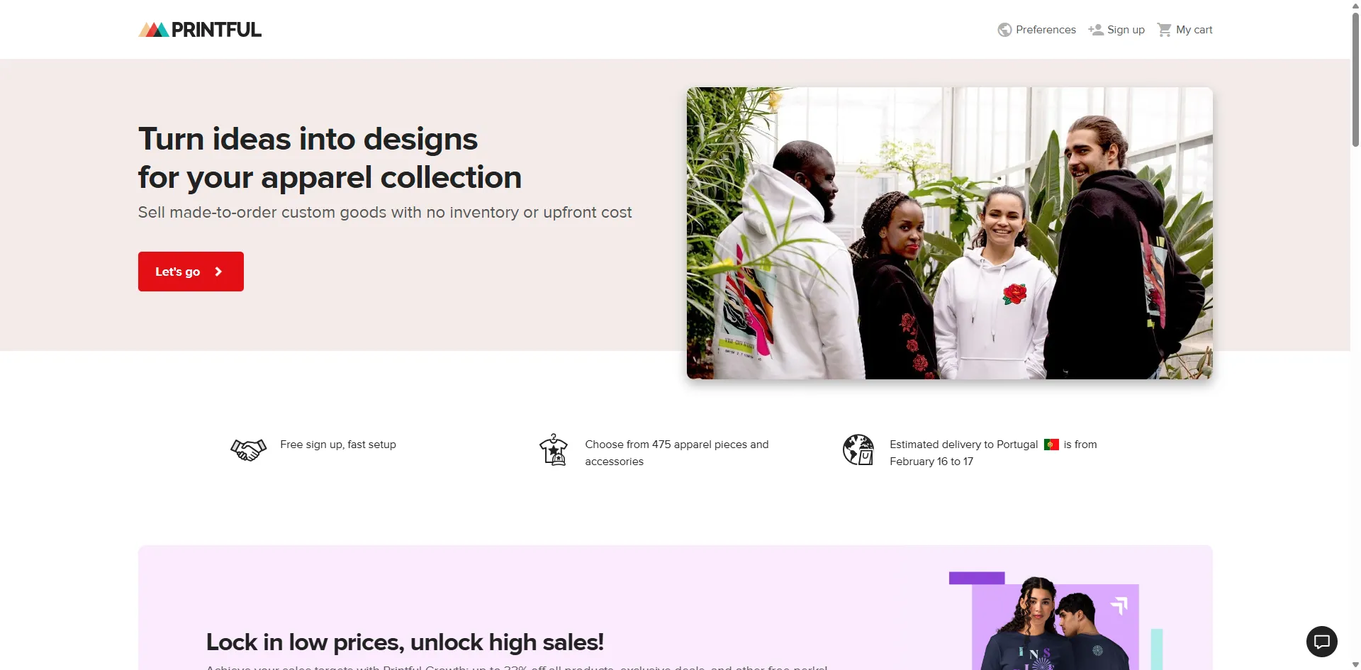 Printful homepage with four people in custom printed hoodies in a greenhouse