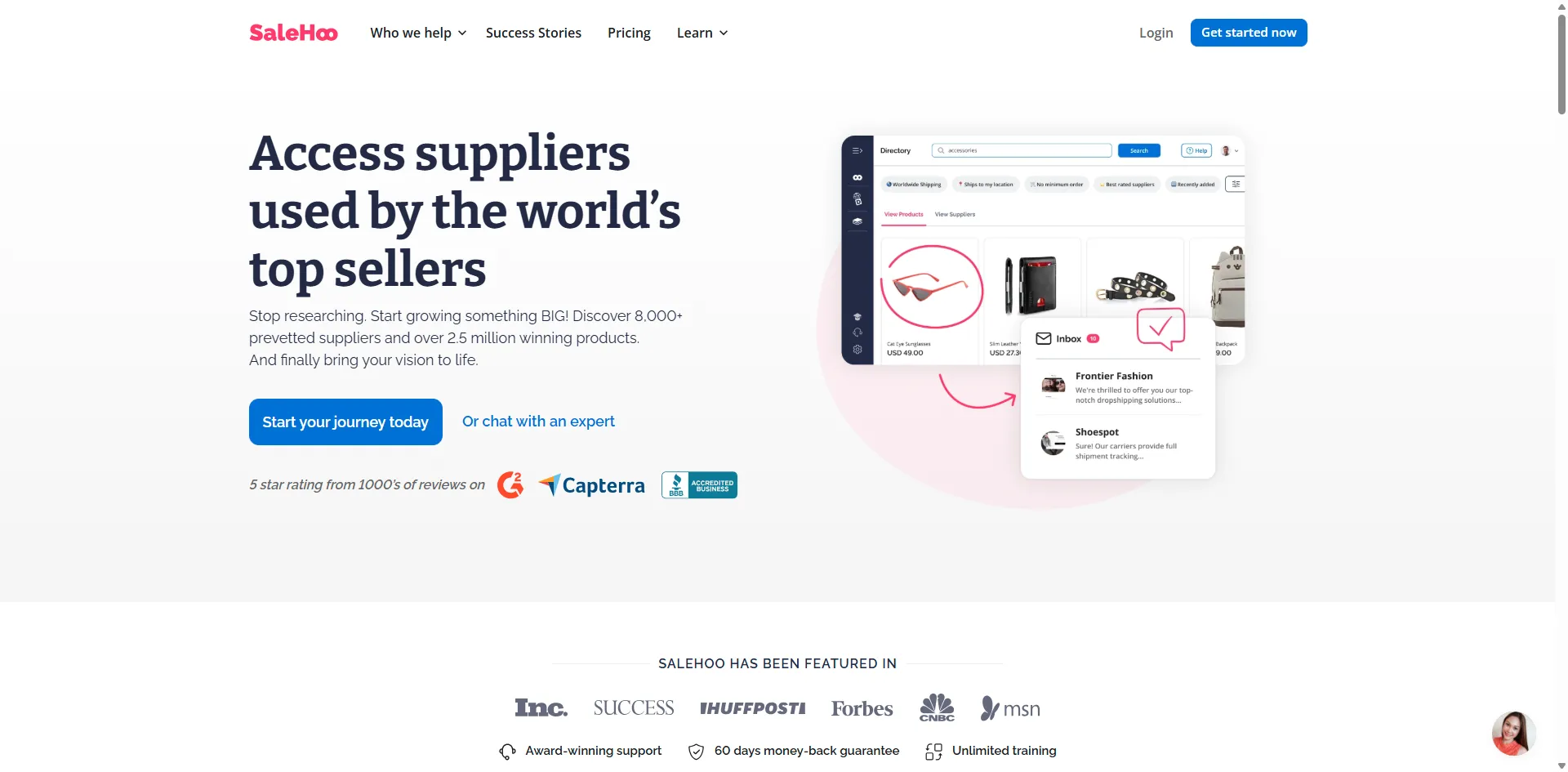 SaleHoo homepage with a supplier directory of sunglasses, wallets, and belts and an inbox panel