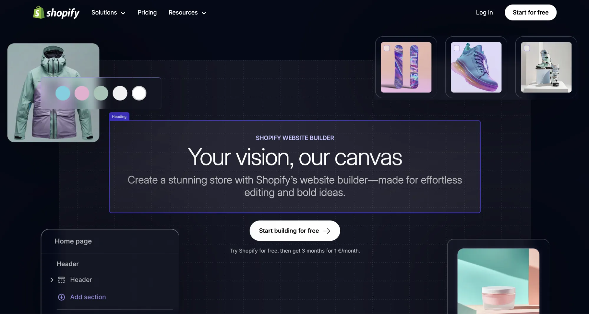 Shopify website builder page with product images and a home page section editor