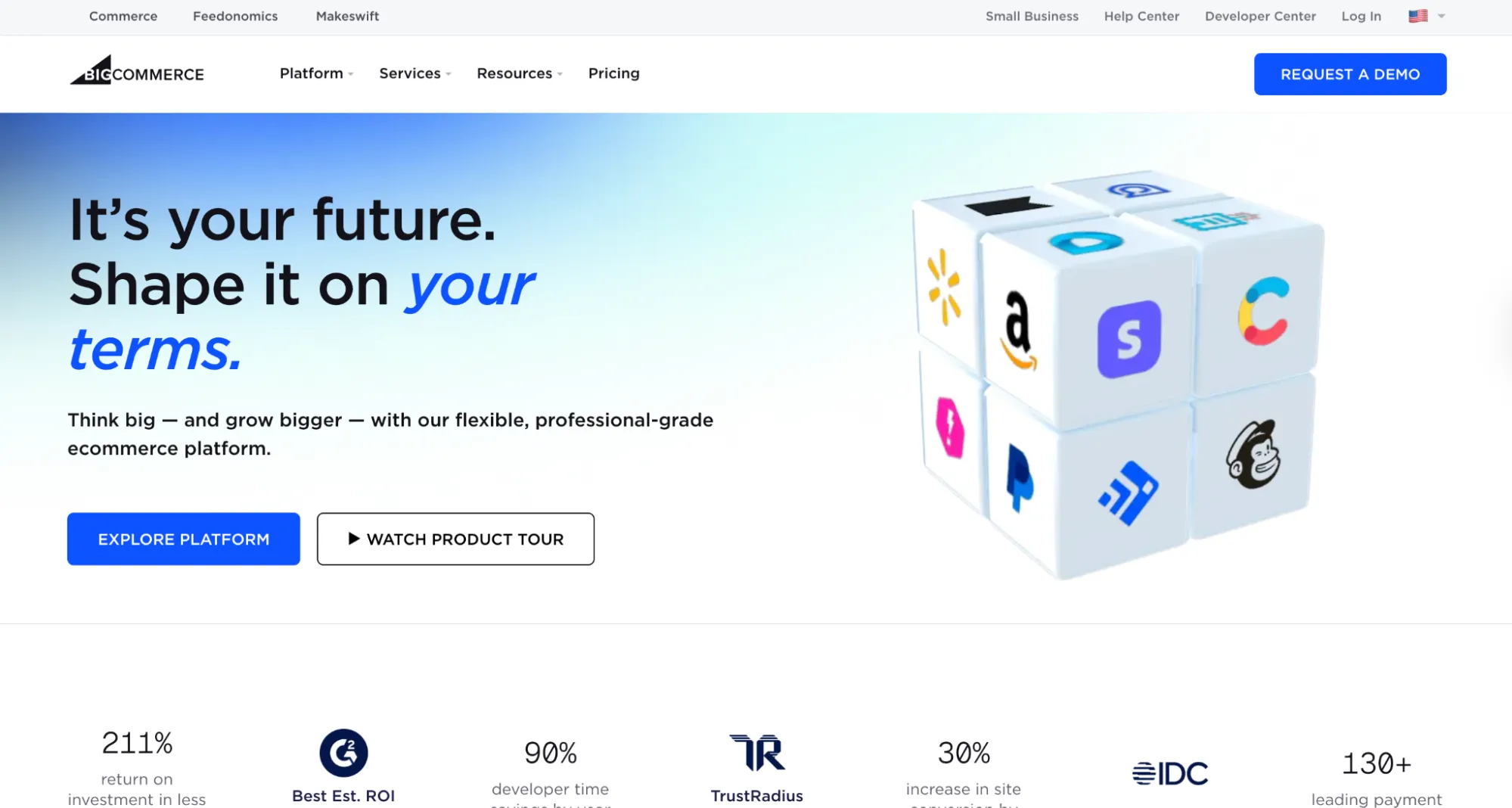 BigCommerce homepage with a cube of app and marketplace logos