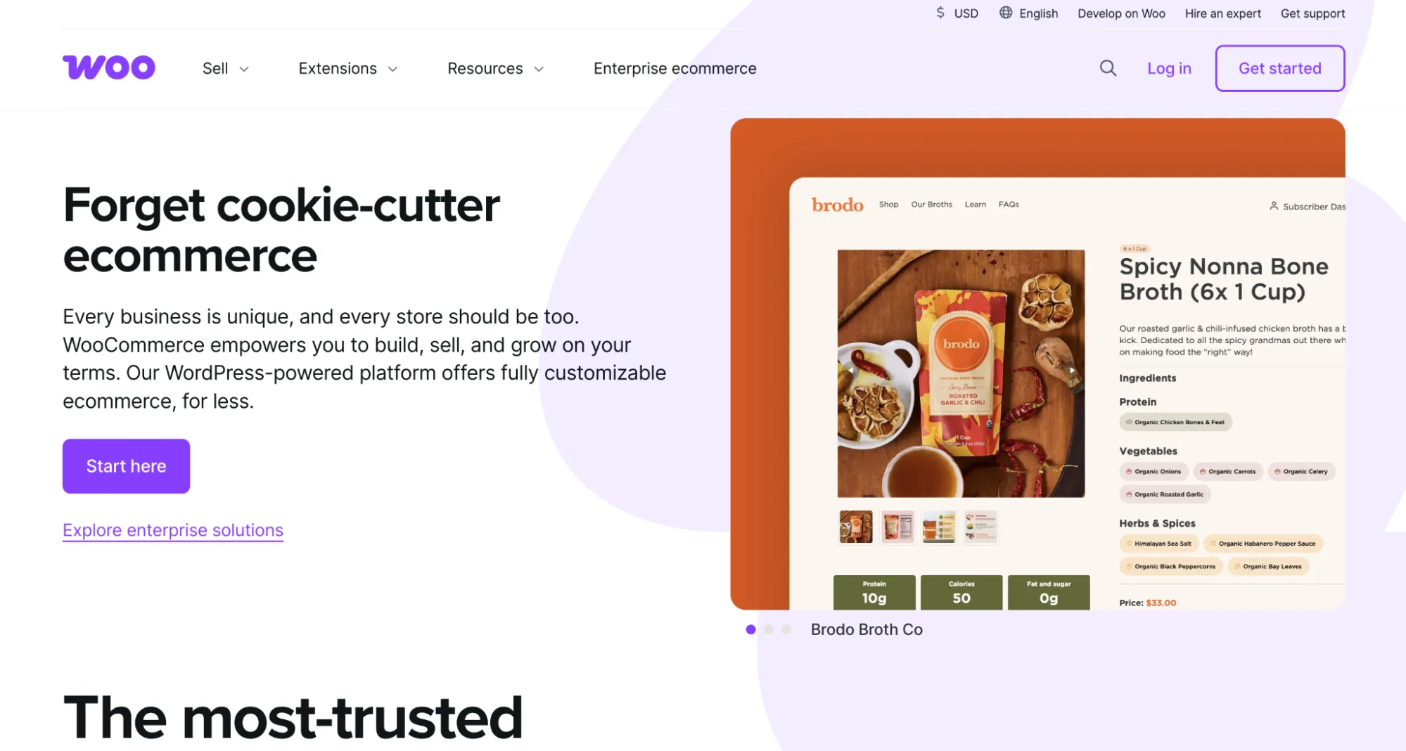 WooCommerce homepage with an example product page from the Brodo broth store