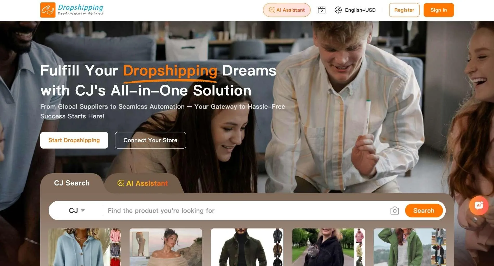 CJdropshipping homepage with the headline 'Fulfill Your Dropshipping Dreams with CJ's All-in-One Solution', Start Dropshipping and Connect Your Store buttons, and a product search bar